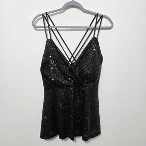 Chocolate USA Black Sequin Cami Strappy Top Size 2X Babydoll Party Padded Sheer